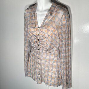 Free People SZL Heart Print Mesh Knit Top Cinched 80's Novelty Coquette Boho Y2K